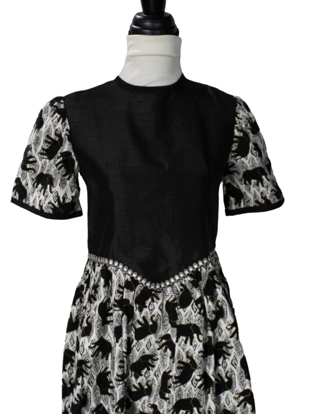 Vintage Handmade Black Gold Elephant Metallic Pinup Swing Dress S - Picture 3 of 8